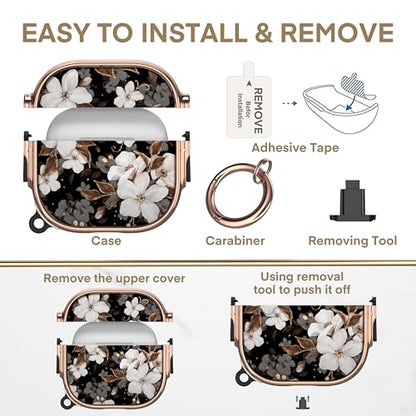 for AirPods 4 Case with Safety Lock, Magsafe Compatible, Flower | Double Secure Lock,Drop Protection,Two-Piece Design,with Gold Keychain, Anti Lost, Dustproof, Cute AirPod 4 Case - color: Black + White, size: AirPods 4 Case