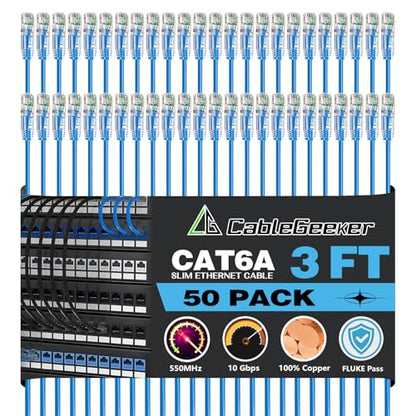 CableGeeker Cat 6A Slim Ethernet Patch Cables, 3 ft, 50-Pack, Blue | 28AWG Pure Copper, 10Gbps/550MHz, Snagless Gold-Plated RJ45, Ultra-Thin Flexible Design for Switches, Patch Panels, and Racks - color: Blue-Slim, size: 3ft, style: 50 Pack