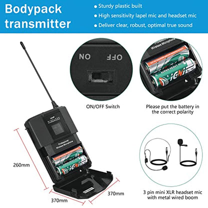 MicrocKing UHF Wireless Microphone System, 2 Handheld/2 Lavalier, Metal | UHF Cordless Mic Set Ideal for karaoke, party, wedding & concert. 2 handheld mics, 2 lav bodypacks, fixed freq, long range. - style: 2 Bodypack mics+2 Handheld mics