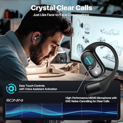 Eonini Open-Ear Earbuds with Earhooks, LED Display Case, Lightweight & Secure Fit, All-Day Comfort, Stay-Aware Design, Clear Calls, 40H Playtime, IPX5 Waterproof Bluetooth 5.3 for Running, Gym - color: Black