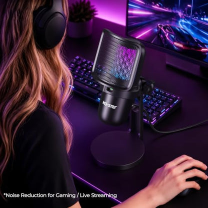 USB Streaming Gaming Microphone, PC Condenser Desktop Mic for Video, Home use, YouTube, with RGB Control, Gain Knob, 3.5mm Headphone Jack, Shock Mount, on Computer/PS5 - (Black) - color: Black