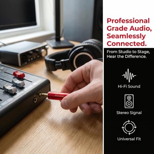 MOBOREST 3.5mm to 1/4" Stereo Audio Connector Headphones Adapter, 1Red | 1/8 Male to 1/4 Female Headphone Jack Converter, Pure Copper Gold-Plated Stereo Aux Plug for Amp, Guitar, Piano, keyboard - color: RED - 1PCS
