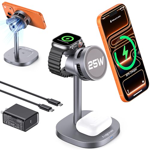 Augnner 3 in 1 Wireless Charging Station, 25W Certified Fast Magnetic Charger, Magnetic Wireless Charger Stand with TEC Active Cooling, for iPhone17/16/15/14/13/12, Apple Watch/AirPods