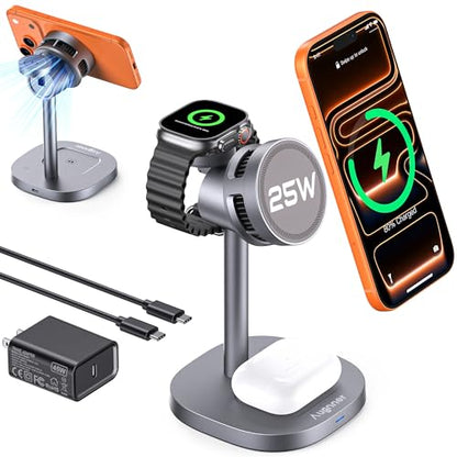 Augnner 3 in 1 Wireless Charging Station, 25W Certified Fast Magnetic Charger, Magnetic Wireless Charger Stand with TEC Active Cooling, for iPhone17/16/15/14/13/12, Apple Watch/AirPods