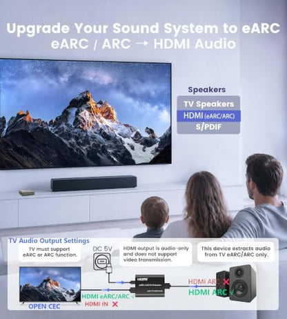 HDMI eARC Audio Extractor, ARC/eARC to HDMI Audio Converter with CEC Control, Support Dolby Atmos DTS-X 7.1 Surround Sound, TV Remote Control Volume & Power On/Off for Soundbar Amplifier (Black)