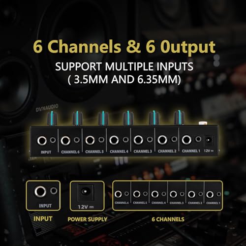 Headphone Amplifier 6 Channel, Stereo Headphone Amp with 3.5mm&6.35mm Input and Output, Metal Portable Studio Headphone Amp Splitter, Headphone Mixer with Mono and Stereo for Recording Studios - size: 6