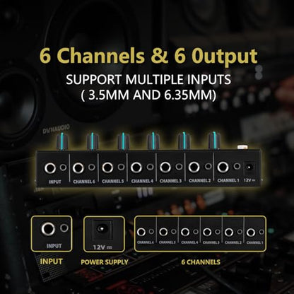 Headphone Amplifier 6 Channel, Stereo Headphone Amp with 3.5mm&6.35mm Input and Output, Metal Portable Studio Headphone Amp Splitter, Headphone Mixer with Mono and Stereo for Recording Studios - size: 6