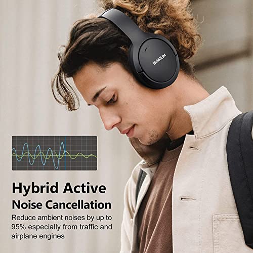 RUNOLIM Hybrid Active Noise Cancelling Headphones, Wireless Over Ear Bluetooth Headphones with Microphone, 100H Playtime, Foldable Headphone with HiFi Audio, Deep Bass for Home Travel Office - color: Black