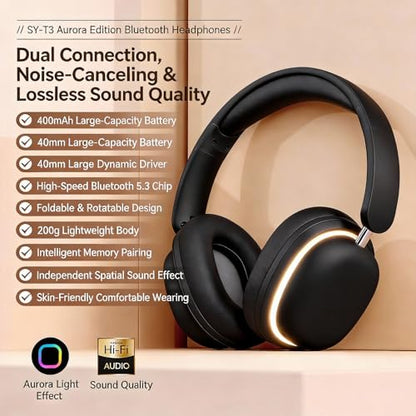 Active Noise Cancellation Bluetooth Headset On Ear Painless Wear Foldable Rotatable Design Lightweight Dual Device Connectivity Detachable Gaming Mic-SY-T3 Black - color: Headset SY-T3 Black