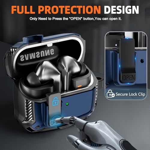 Safety Lock Case for Samsung Galaxy Buds3 FE/Pro/3 (Blue) | Compatible with MagSafe, with Phone Stand& Cleaning kit,Keychain, - color: A-A-Blue