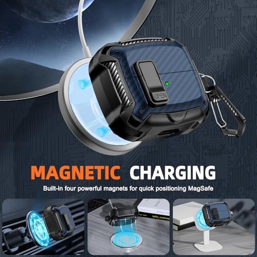 Safety Lock Case for Samsung Galaxy Buds3 FE/Pro/3 (Blue) | Compatible with MagSafe, Carbon fibre texture Design,with Phone Stand& Cleaning kit,Keychain, - color: A-b-Blue