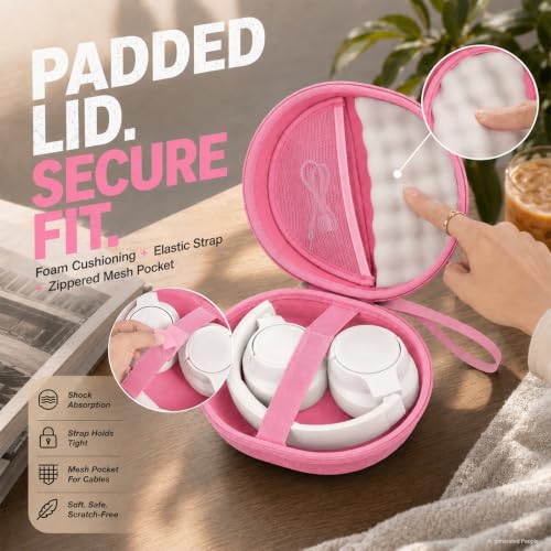 Hard Headphone Case for JBL Tune 770NC/510BT/720BT/520BT/670NC | Wave Foam, Elastic Strap, Soft Lining, Mesh Pocket, Carry Handle, Folded Headphone Storage, Pink, Case Only - color: Pink