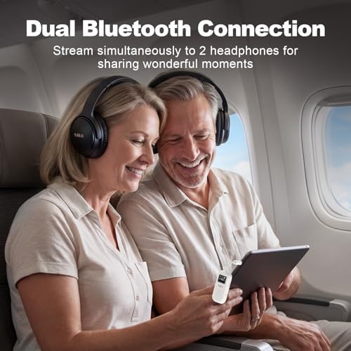 1Mii SafeFly Dual | Airplane Bluetooth Adapter for AirPods or Headphones, Bluetooth Transmitter with Screen, Volume Control, aptX Adaptive & HD, 3.5mm Aux Audio Jack for Airplane, Travel Flight