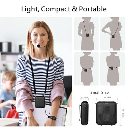 Bluetooth Voice Amplifier for Teacher with Wired Microphone Headset | ①10W Power Amplifiers②2000mAh Battery③15 Hours Working Time④USB-C Rechargeable⑤Adjustable Mic for Loudspeaker ⑥Anti-Howling - color: Black-2000mAh