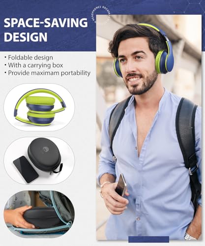 rockpapa E7 Over Ear Wireless Bluetooth Headphones with Mic Include Travel Case, Foldable Wired/Wireless Headphones with Microphone for Kids Childrens Boys Girls Teen Youth Adult Blue Green - color: Blue Green, style: with Case