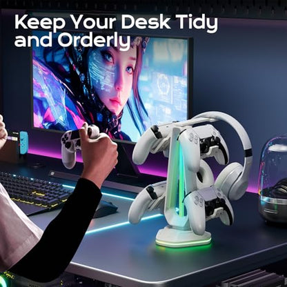 Saitake RGB Controller Stand with 9 Light Modes,Controller Holder with 2 USB Ports,Headphone Holder Suitable for All Headphones and Controller (White) - color: White