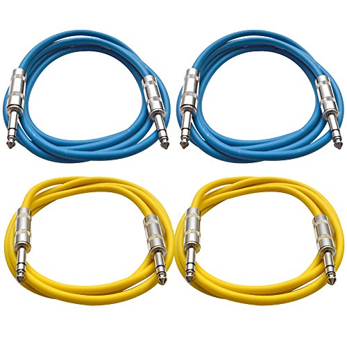 Seismic Audio - SATRX-2-4 Pack of 2' 1/4" TRS to 1/4" TRS Patch Cables - Balanced - 2 Foot Patch Cord - Blue and Yellow - color: Blue and Yellow