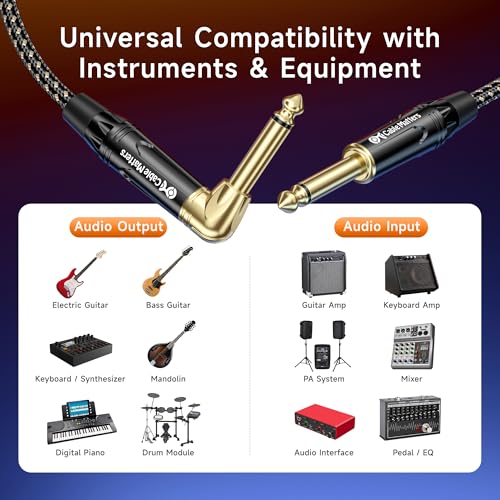 Cable Matters Braided 2-Pack 1/4 Inch TS Right Angle Electric Instrument Cable - 10 Feet Straight to Right Angle, Compatible with Guitar, Bass, Amp, Mixer, Equalizer - size: 10 ft