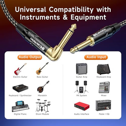 Cable Matters Braided 2-Pack 1/4 Inch TS Right Angle Electric Instrument Cable - 10 Feet Straight to Right Angle, Compatible with Guitar, Bass, Amp, Mixer, Equalizer - size: 10 ft