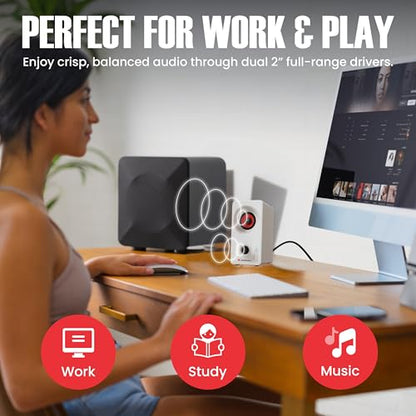 Audiosource Desktop PC Speakers with Bluetooth 5.3, USB-C Plug & Play, 2.0 Stereo Computer Speakers with Dual 2" Drivers, Compact Design, AUX Input, LED Indicator (White) - color: White