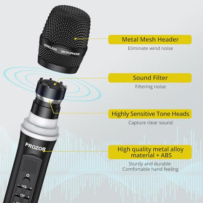 PROZOR UHF Wireless Microphone with Volume Treble Bass Echo Control, Wireless Rechargeable Mic Dual Handheld Dynamic Mic System with Rechargeable Receiver, for Karaoke Machines, DJ, Church, Weddings - style: Rechargeable Portable Bluetooth UHF Mic – Echo