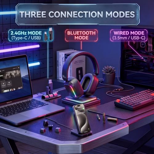 RK ROYAL KLUDGE HG101 V2 Wireless Gaming Headset, 2.4G/Bluetooth 6.0/3.5mm Wired Headphones, 7.1 Surround Sound, 40mm Drivers, Memory Foam Cushions, Works with Xbox, PS4/5, PC, Switch, Black - color: Black