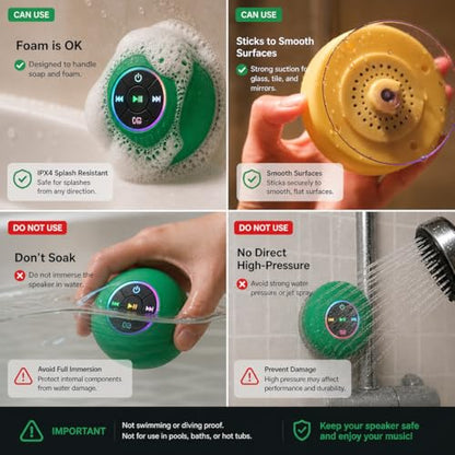 Bluetooth Shower Speaker with LED – Portable Wireless Mini Speaker with Mic & Suction Cup, IPX4 Water Resistant for Shower, Travel, Pool, River Floating, and Outdoor Fun (Green) - color: Green
