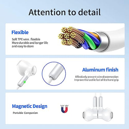 BENEWY Wired Earbuds 3.5mm Magnetic Earphones with Microphone Headphones | Noise lsolating, Clear Stereo, Ergonomic Design for iPhone, iPad,Smartphone, MP3 Players, Laptops and Other Audio Devices - color: White