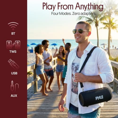Pyle Portable Bluetooth Speaker - RGB LED, IPX5 Waterproof, TWS Stereo Pairing, USB/AUX/FM, Built-in Mic, USB-C Charging, 7H Battery, Shoulder Strap - Party, Outdoor, Travel, Home - PBTPSP25BK