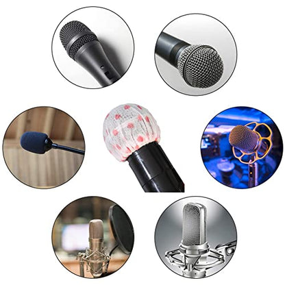 100 Pieces Disposable Microphone Cover, Non-Woven Elastic Band Handheld Microphone Windscreen Protective Cap for Karaoke Conferences Stage Performance Concerts (Red Points)
