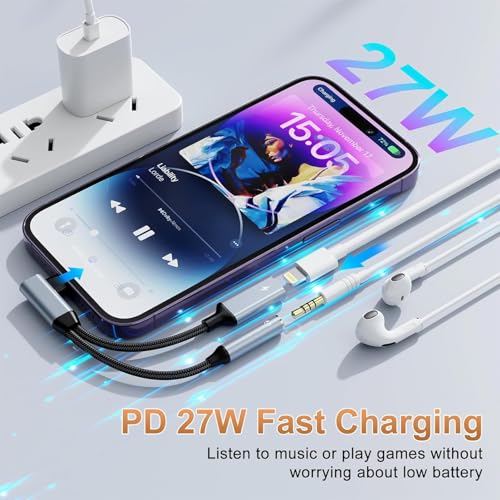 Quanlex[Apple MFi Certified Right Angle iPhone Lightning to 3.5mm Audio Adapter, Lighting to AUX + Charger Adapter Dongle Cable Splitter Compatible for iPhone 14/13/12/11/SE/X/XR/XS/8/7/6(Blue) - color: Blue