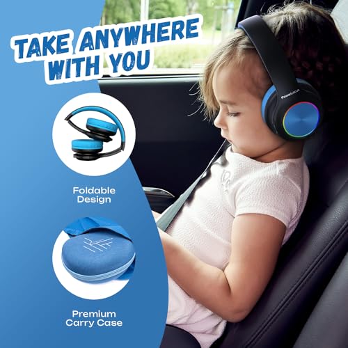 PowerLocus PLED Kids Bluetooth Headphones, Kids Wireless Headphones with LED Lights, 74/85/94dB Safe Volume, Micro SD, AUX Cable, Hi-Fi Stereo, Built-in Mic Over Ear Kid Headphone for Travel/Tablet/PC - color: Black/Blue