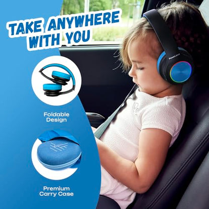 PowerLocus PLED Kids Bluetooth Headphones, Kids Wireless Headphones with LED Lights, 74/85/94dB Safe Volume, Micro SD, AUX Cable, Hi-Fi Stereo, Built-in Mic Over Ear Kid Headphone for Travel/Tablet/PC - color: Black/Blue