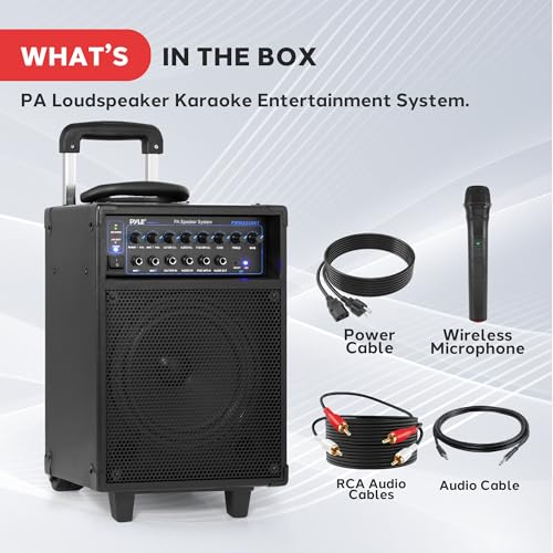 Pyle Wireless Portable PA System-400W Bluetooth Compatible Rechargeable Battery Powered Outdoor Sound Stereo Speaker Microphone Set w/Handle, Wheels-1/4 to AUX, RCA Cable (PWMA230BT) - size: 8 inch