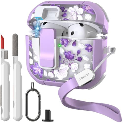 WENEW Case for AirPods 4th Case Cover Secure Lock Automatic Snap Switch Clip Cleaner Kit Lanyard Women Stylish Flower Armour Hard Shell Full Body Front LED Visible (Purple Flower, AirPods 4th) - color: Purple flower, size: AirPods 4