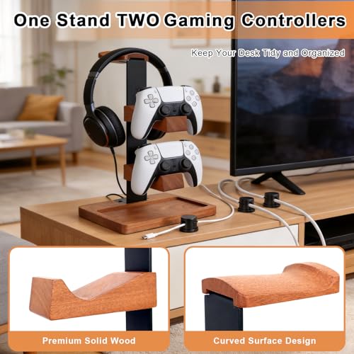 Headset Stand with Dual Controller Holder, Solid Wood | Headphone Stand with Storage Base, Gaming Equipment Accessories for Desk, Controller Holder for Gamers