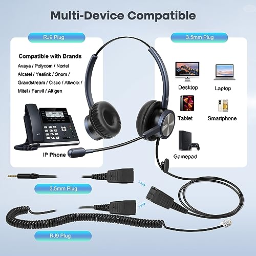 MAIRDI Telephone Headset with Microphone Noise Canceling, Binaural with RJ9 Jack & 3.5mm Connector for Office Call Center Deskphone Cell Phone PC Laptop, Work for Cisco 7941 7965 6941 7861 8811 8961