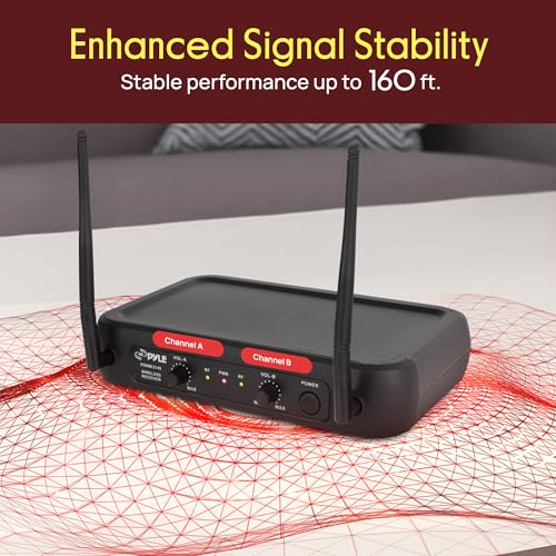 Pyle Dual Channel Wireless Microphone System - VHF Fixed Dual Frequency Wireless Mic Receiver Set with 2 Lavalier, 2 Headset Mics, 2 Transmitter, Receiver - For PA, Karaoke, Dj Party - Pyle PDWM2145