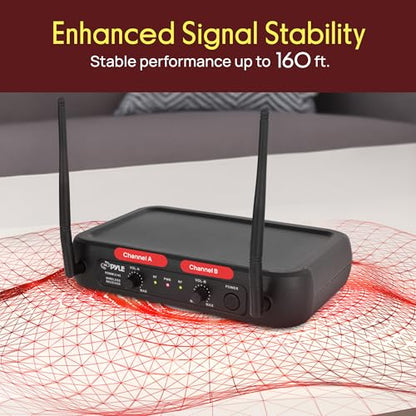 Pyle Dual Channel Wireless Microphone System - VHF Fixed Dual Frequency Wireless Mic Receiver Set with 2 Lavalier, 2 Headset Mics, 2 Transmitter, Receiver - For PA, Karaoke, Dj Party - Pyle PDWM2145