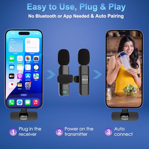 Wireless Lavalier Microphone for iPhone 15/16/17 Series, iPad and Android Devices, Noise Cancelling,Bluetooth Mini Lapel Microphone for Vlogging/YouTube/Live Streaming/Tiktok/Interview