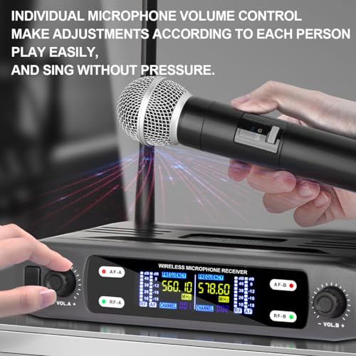 Depusheng Wireless Microphone System, VHF Fixed Dual Frequency Wireless Set with 2 Handheld Dynamic Transmitter Wireless Mic Set for Singing, Karaoke, Church, DJ,200ft Range - size: X2