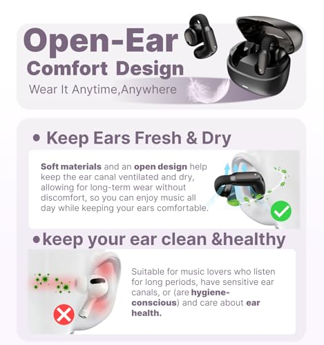 Hmusic A24 TWS AI ENC Clip-on Earbuds, Open Ear Bluetooth 6.0 Earphones | IPX5, Comfort Open-ring Design Headphones, Touch Control Wireless Earphones for Glass Wear, Office, Fitness, Workouts