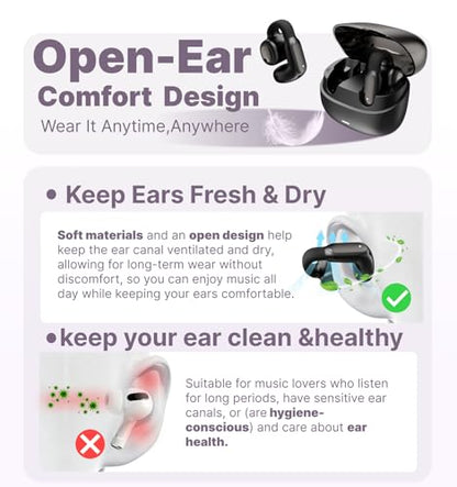 Hmusic A24 TWS AI ENC Clip-on Earbuds, Open Ear Bluetooth 6.0 Earphones | IPX5, Comfort Open-ring Design Headphones, Touch Control Wireless Earphones for Glass Wear, Office, Fitness, Workouts
