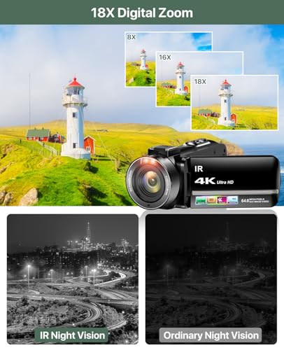 4K Video Camera Camcorder 64MP Vlogging Camera for YouTube 3.0" Touch Screen 18X Digital Zoom IR Night Vision with External Stereo Microphone,Remote,Lens Hood,Handheld Stabilizer,32G Card &2 Batteries