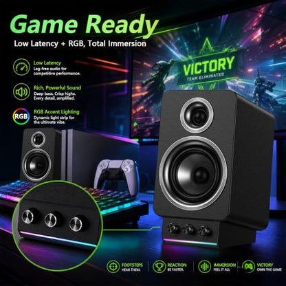 60W HiFi Bluetooth Bookshelf Speakers, MDF Wooden Computer Speakers with HDMI ARC for TV, 2.0 Active Desktop Speakers with USB DAC, Silk Dome Tweeter & 3.5" Woofer. - color: Black