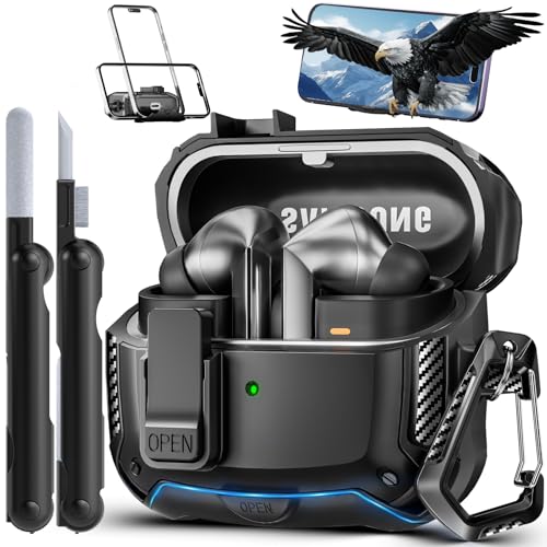 Safety Lock Case for Samsung Galaxy Buds3 FE/3/3 Pro (Black) | with Phone Stand,with Secure Lock Clip & Cleaning kit Full Body Shockproof Carbon Fiber Protection Design - color: D-Black