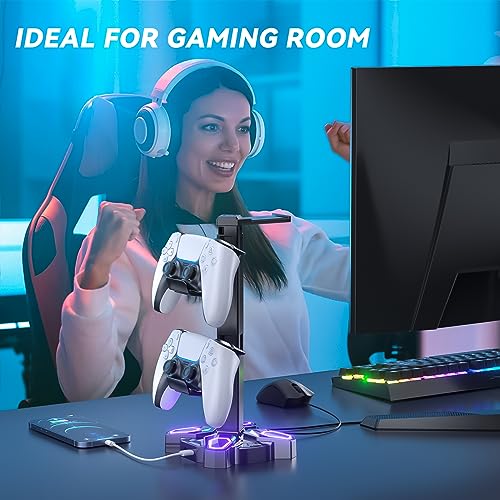KDD Gaming Headphones Stand, Rotatable Headset Stand with Light Modes - Controller Holder with 2 USB Charging Ports and 3.5mm - Earphone Hanger Accessories for Desktop Gamer(Black) - color: Black