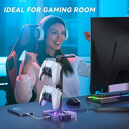 KDD Gaming Headphones Stand, Rotatable Headset Stand with Light Modes - Controller Holder with 2 USB Charging Ports and 3.5mm - Earphone Hanger Accessories for Desktop Gamer(Black) - color: Black