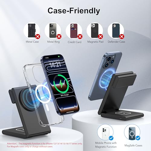 New Travel Foldable 3 in 1 Wireless Charging Station for Apple Magsafe Charger Stand,Fast Magnetic Wireless Charger Station for iPhone 17 Air 16 15 14 13 12 Series,Airpods Pro,Apple Watch Ultra-Black - color: Black