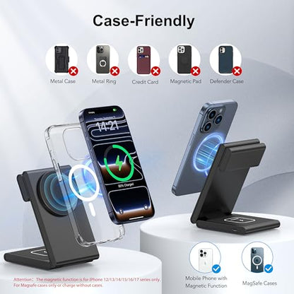 New Travel Foldable 3 in 1 Wireless Charging Station for Apple Magsafe Charger Stand,Fast Magnetic Wireless Charger Station for iPhone 17 Air 16 15 14 13 12 Series,Airpods Pro,Apple Watch Ultra-Black - color: Black